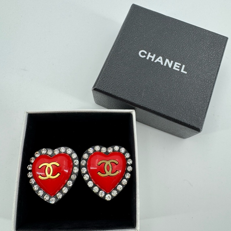 Chanel Vintage 95P 水鑽鍍金大愛心黑紅色耳環-14