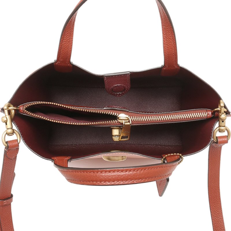 【COACH】素面皮革托特包-粉桔-2