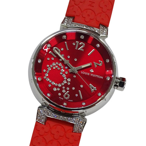 路易威登 (Louis Vuitton) 女士腕錶 Tambour Fiji 心形鑽石石英 QZ 不鏽鋼 SS 橡膠 Q131Z 紅色拋光