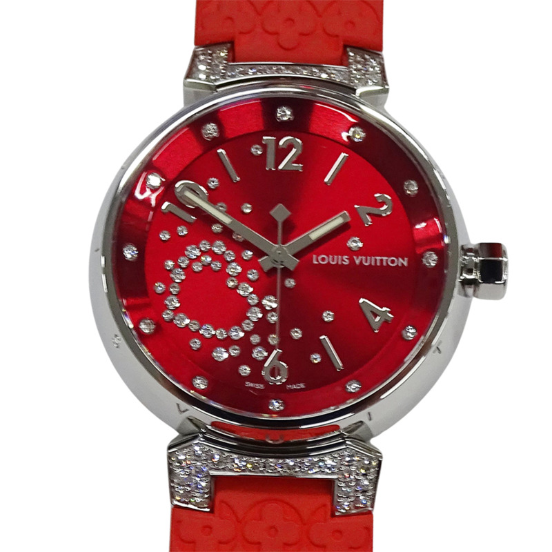 路易威登 (Louis Vuitton) 女士腕錶 Tambour Fiji 心形鑽石石英 QZ 不鏽鋼 SS 橡膠 Q131Z 紅色拋光-1