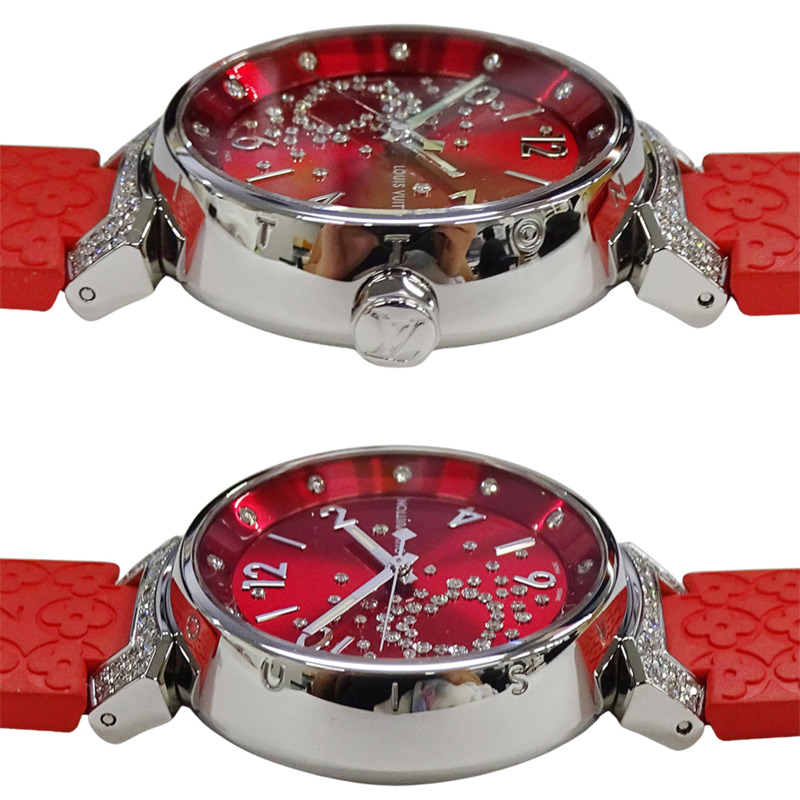 路易威登 (Louis Vuitton) 女士腕錶 Tambour Fiji 心形鑽石石英 QZ 不鏽鋼 SS 橡膠 Q131Z 紅色拋光-2