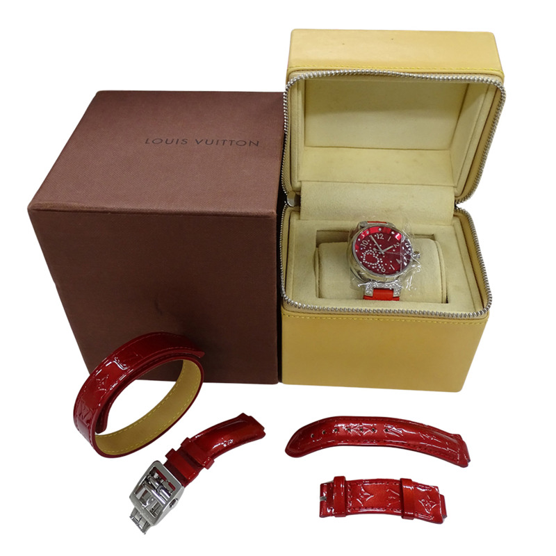 路易威登 (Louis Vuitton) 女士腕錶 Tambour Fiji 心形鑽石石英 QZ 不鏽鋼 SS 橡膠 Q131Z 紅色拋光-7