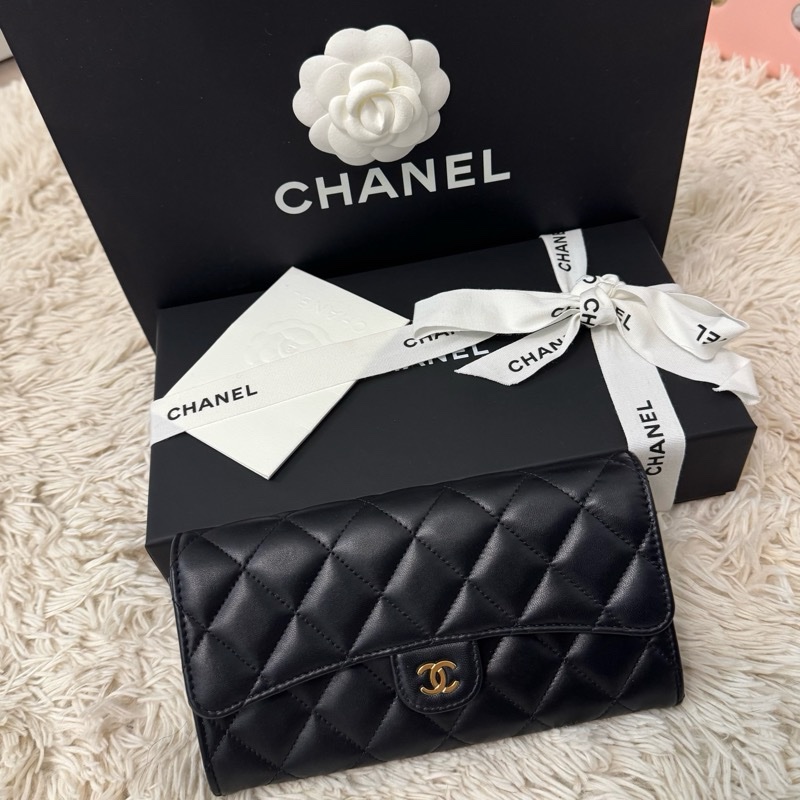 Chanel CF 經典口蓋長夾 羊皮 黑 芯片款-0