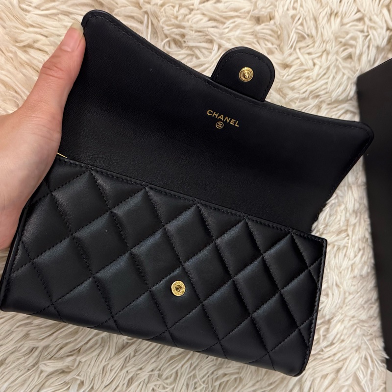 Chanel CF 經典口蓋長夾 羊皮 黑 芯片款-11