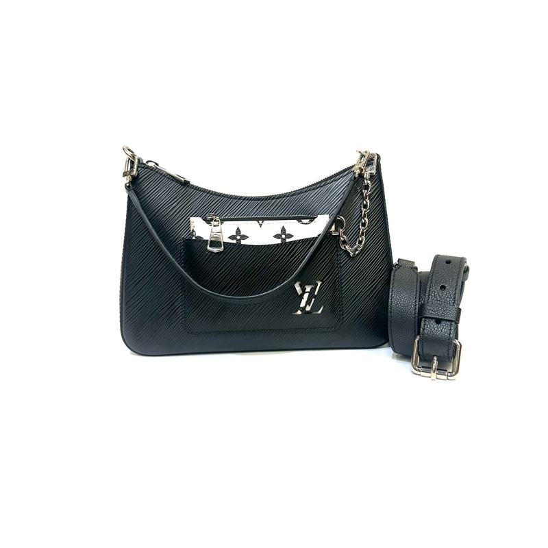 LV 黑Epi銀釦Marelle前口袋可拆式零錢包肩斜背包M80689-0