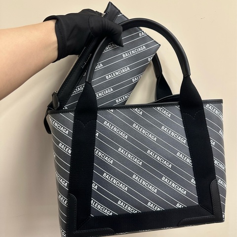 Balenciaga 灰PVC黑牛皮銀釦滿版logo Navy Cabas 小號手提托特包