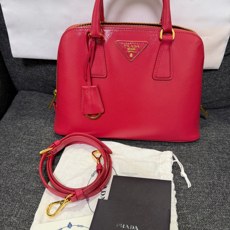 正品 PRADA 亮桃紅 漆皮小 2WAY包 貝殼包 斜背包 手提包-0