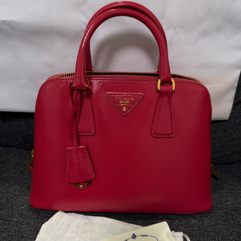 正品 PRADA 亮桃紅 漆皮小 2WAY包 貝殼包 斜背包 手提包-2