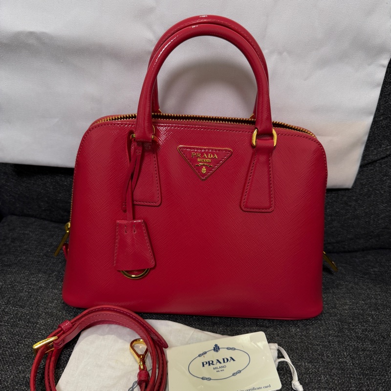 正品 PRADA 亮桃紅 漆皮小 2WAY包 貝殼包 斜背包 手提包-5