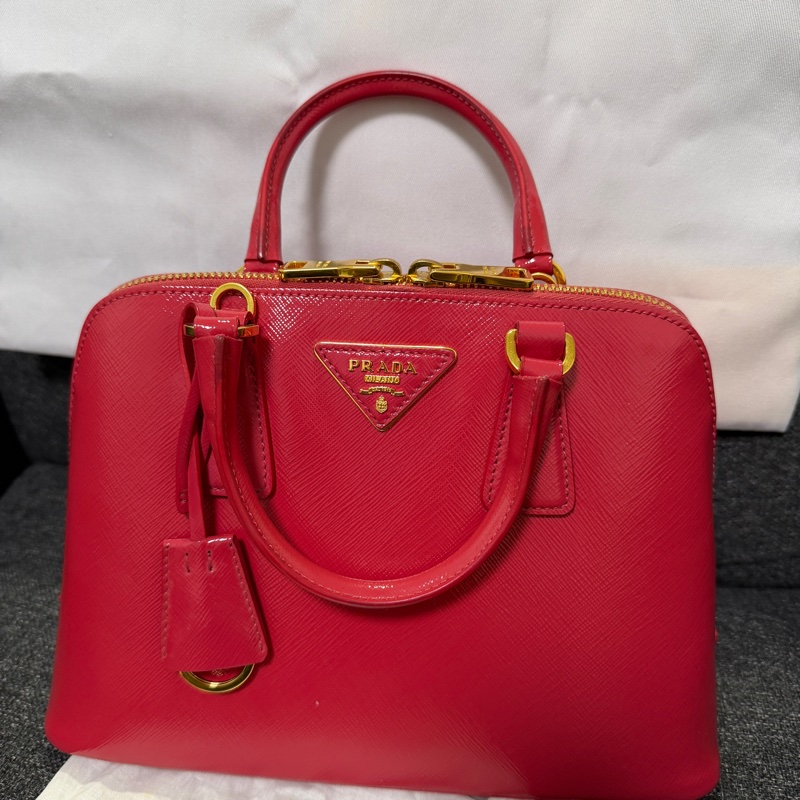 正品 PRADA 亮桃紅 漆皮小 2WAY包 貝殼包 斜背包 手提包-8