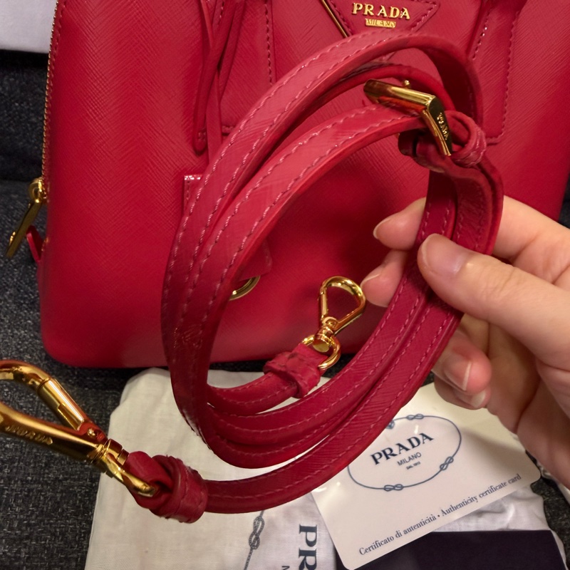 正品 PRADA 亮桃紅 漆皮小 2WAY包 貝殼包 斜背包 手提包-24
