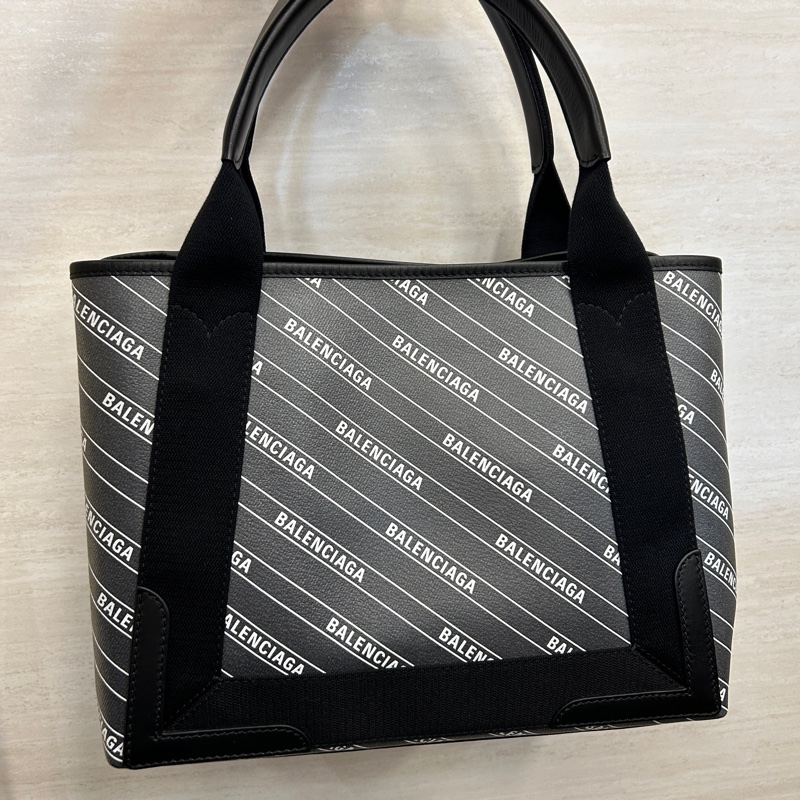 Balenciaga 灰pvc黑牛皮滿版logo navy cabas s號托特包-0