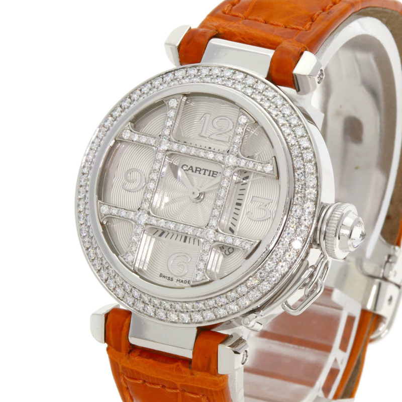 卡地亞 Pasha 32毫米網格鑲鑽腕錶 WJ105741,18K 白金,鱷魚皮錶帶,鑲鑽,女士款-2