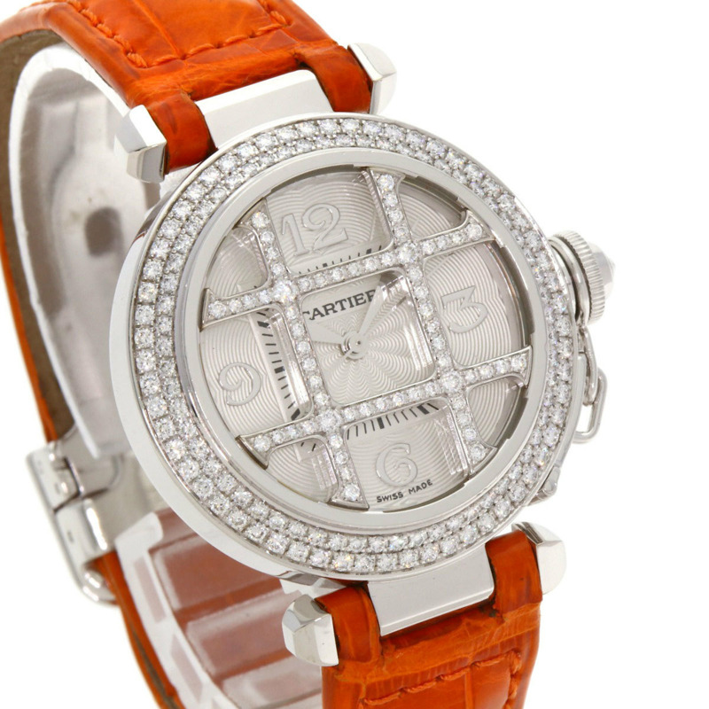 卡地亞 Pasha 32毫米網格鑲鑽腕錶 WJ105741,18K 白金,鱷魚皮錶帶,鑲鑽,女士款-3