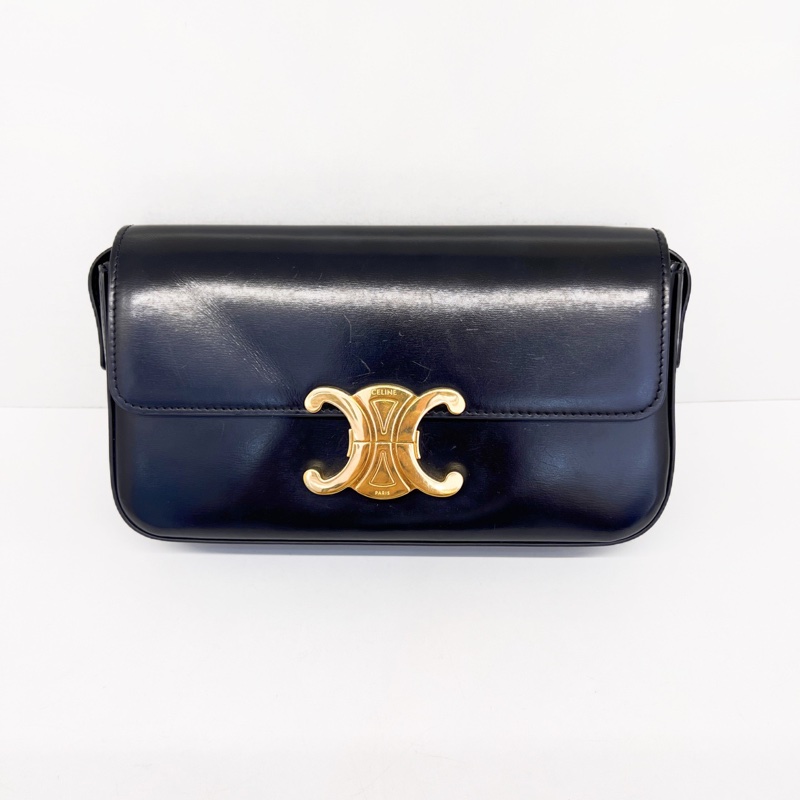 Celine Triomphe凱旋門黑金皮肩帶 肩背包-0