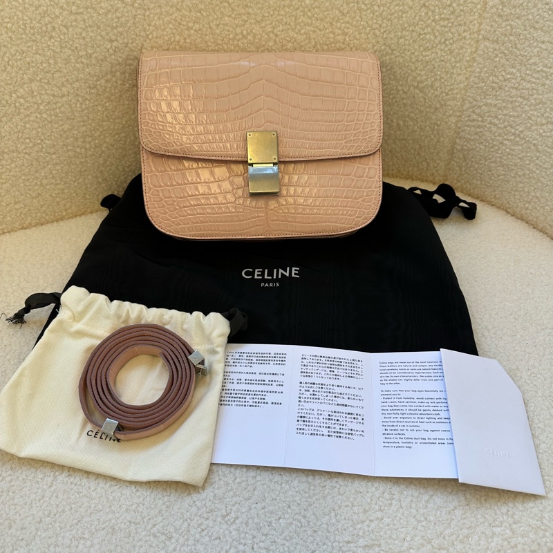 Celine 賽琳 極品鱷魚皮box 中號 櫻花粉 銀扣專櫃在售19萬rmb,普皮價秒,康康平替99新,帶肩帶,附件防塵袋-0