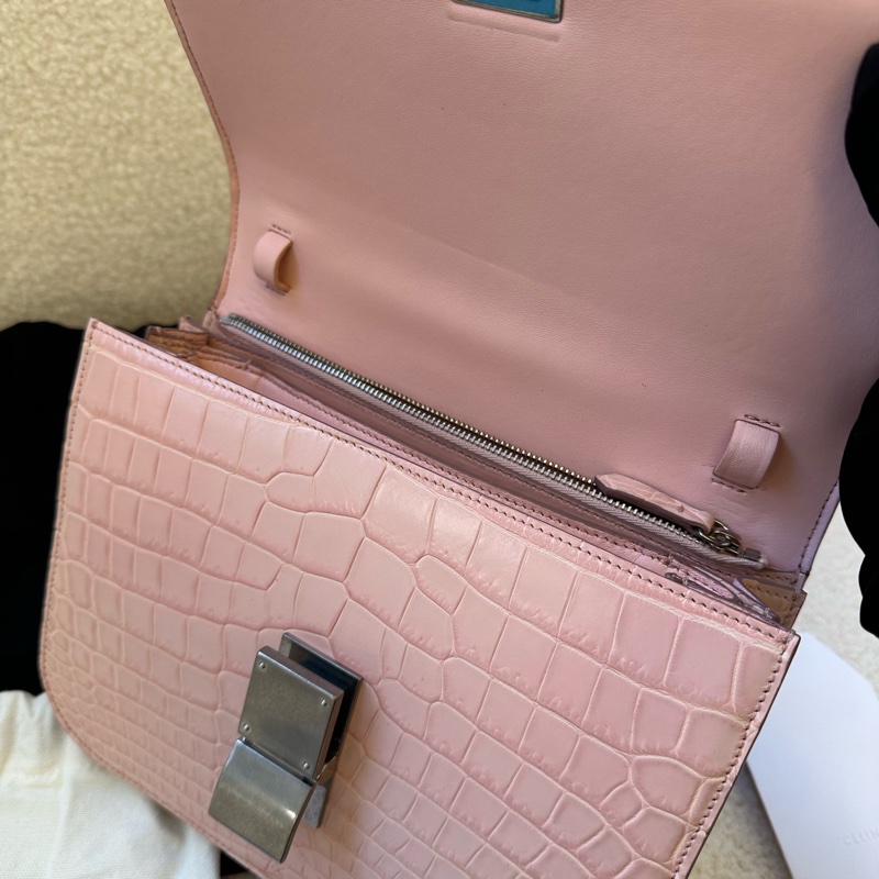 Celine 賽琳 極品鱷魚皮box 中號 櫻花粉 銀扣專櫃在售19萬rmb,普皮價秒,康康平替99新,帶肩帶,附件防塵袋-11