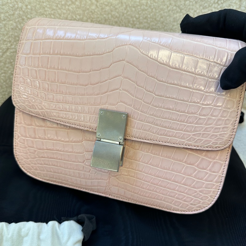 Celine 賽琳 極品鱷魚皮box 中號 櫻花粉 銀扣專櫃在售19萬rmb,普皮價秒,康康平替99新,帶肩帶,附件防塵袋-12