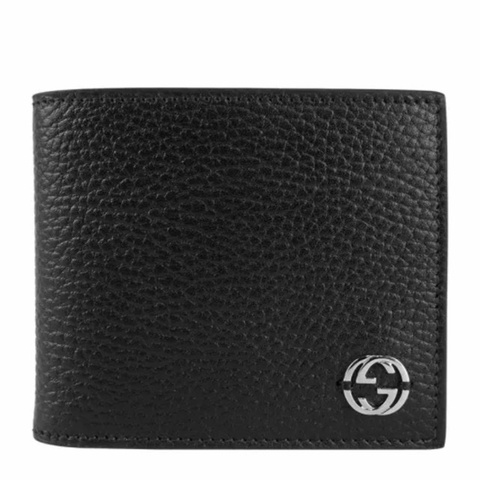 GUCCI 古馳 金屬雙G LOGO天然皮革對折4卡零錢短夾(黑)