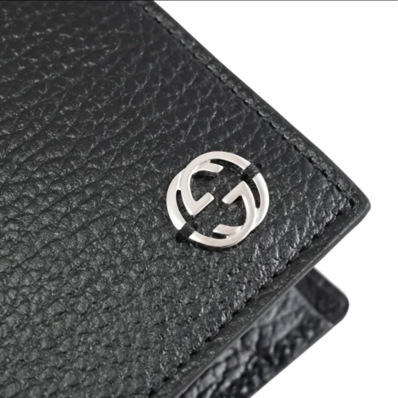 GUCCI 古馳 金屬雙G LOGO天然皮革對折4卡零錢短夾(黑)-7