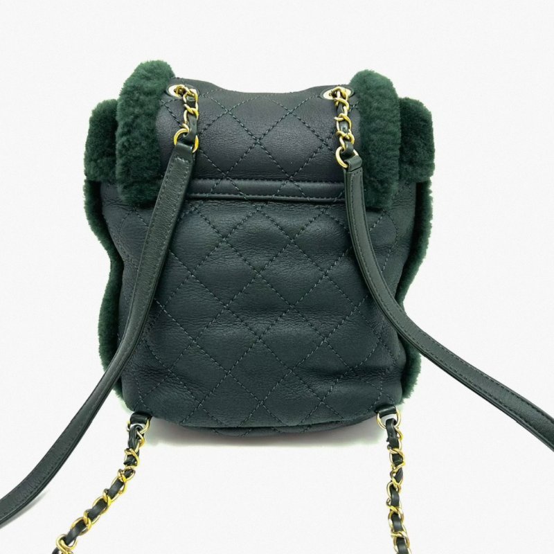CHANEL 墨綠色金扣毛呢後背包17*20*10 98新配件塵袋-5
