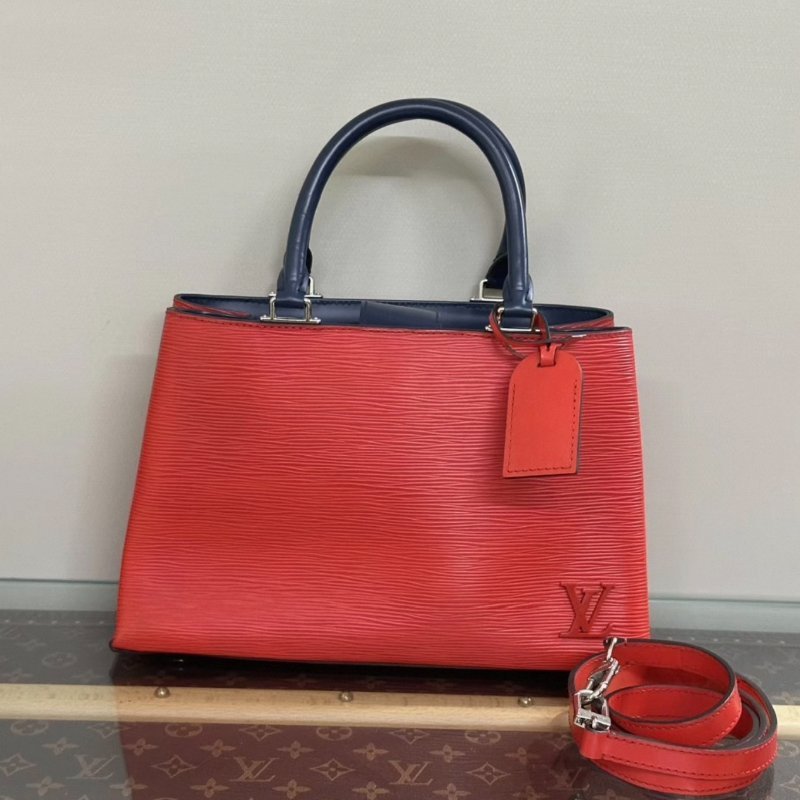 LV 紅色拼藍色銀扣水波紋手提肩背水桶包30*19*10 98新配件塵袋-0