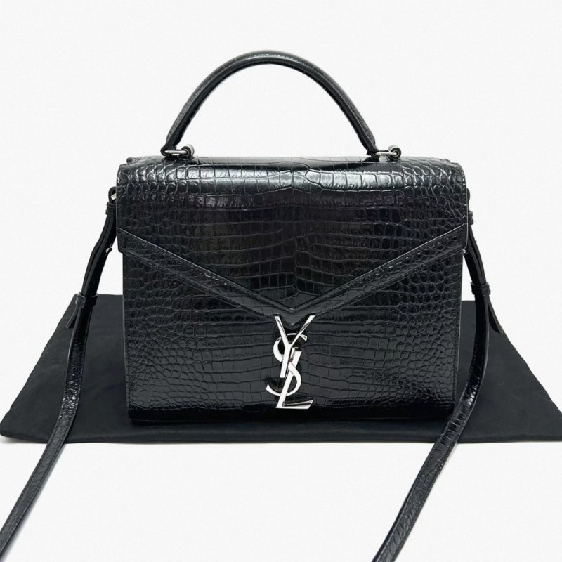 YSL Cassandra黑銀鰐魚壓紋手提肩背斜背郵差包24.5*20*11 99新配件塵袋-0