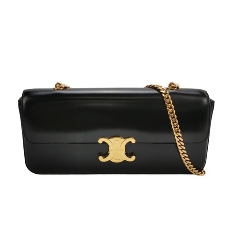 CELINE Triomphe 凱旋門黑金長款牛皮 鏈條包 肩背包