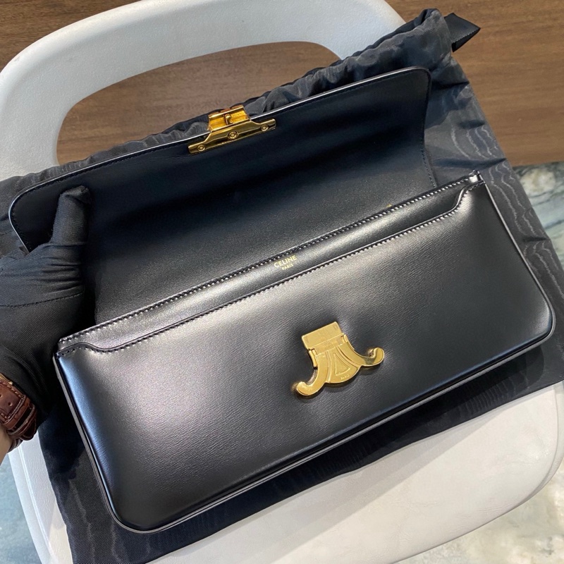 CELINE Triomphe 凱旋門黑金長款牛皮 鏈條包 肩背包-7