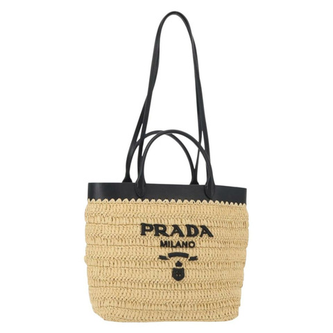 PRADA 草編皮革手提包，兩用，米色/黑色，正品 ka156AV