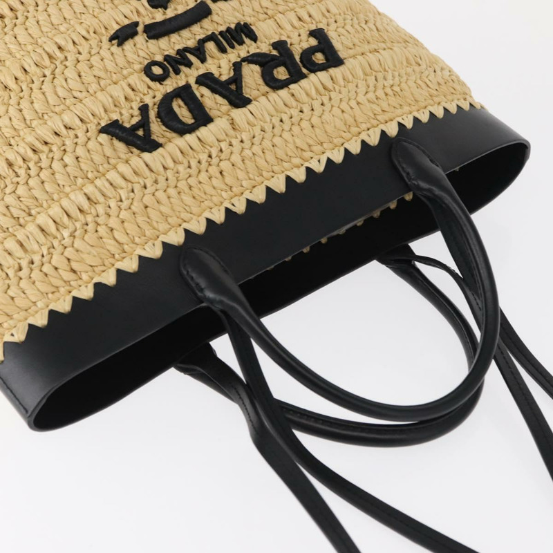 【日本直送】PRADA 草編皮革手提包,兩用,米色/黑色,正品 ka156AV-5