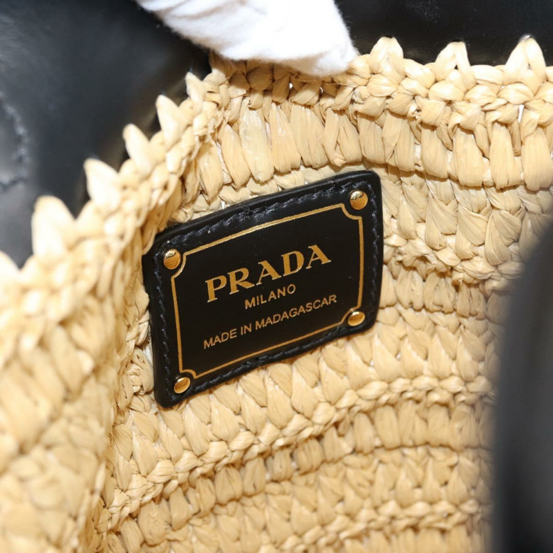 【日本直送】PRADA 草編皮革手提包,兩用,米色/黑色,正品 ka156AV-9