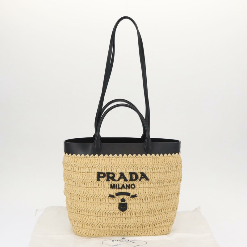 【日本直送】PRADA 草編皮革手提包,兩用,米色/黑色,正品 ka156AV-11