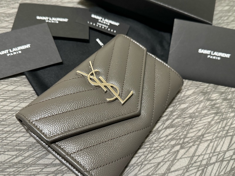 少見YSL深灰色銀扣中夾🩶配件齊S聖羅蘭卡夾零錢包/YSL短夾/YSL錢包/灰銀錢包/大象灰中夾/YSL中夾/深灰色荔枝皮中夾-1