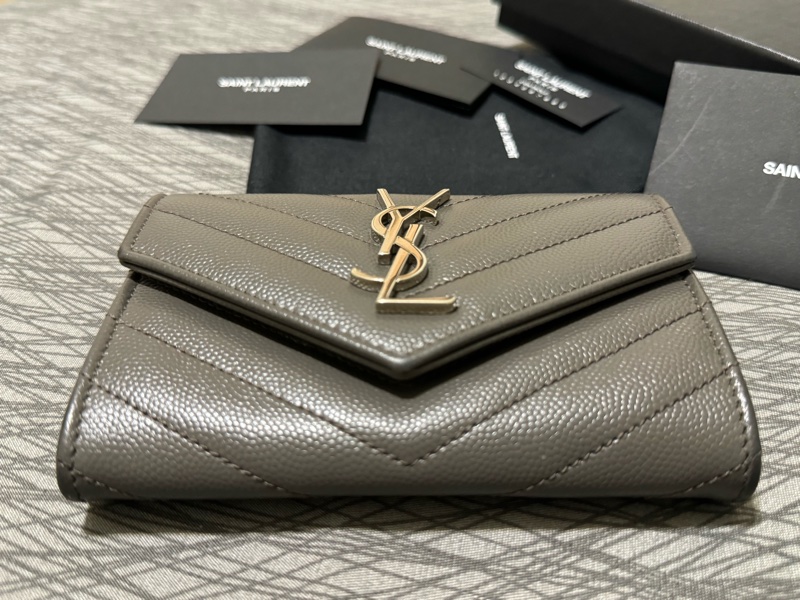 少見YSL深灰色銀扣中夾🩶配件齊S聖羅蘭卡夾零錢包/YSL短夾/YSL錢包/灰銀錢包/大象灰中夾/YSL中夾/深灰色荔枝皮中夾-10
