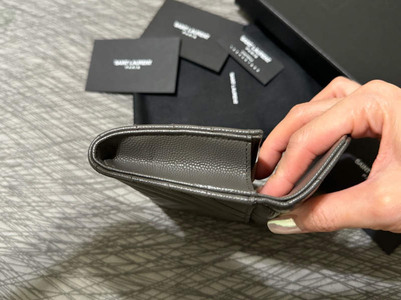 少見YSL深灰色銀扣中夾🩶配件齊S聖羅蘭卡夾零錢包/YSL短夾/YSL錢包/灰銀錢包/大象灰中夾/YSL中夾/深灰色荔枝皮中夾-14