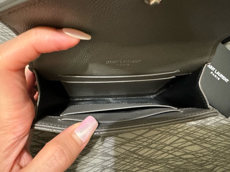 少見YSL深灰色銀扣中夾🩶配件齊S聖羅蘭卡夾零錢包/YSL短夾/YSL錢包/灰銀錢包/大象灰中夾/YSL中夾/深灰色荔枝皮中夾-16