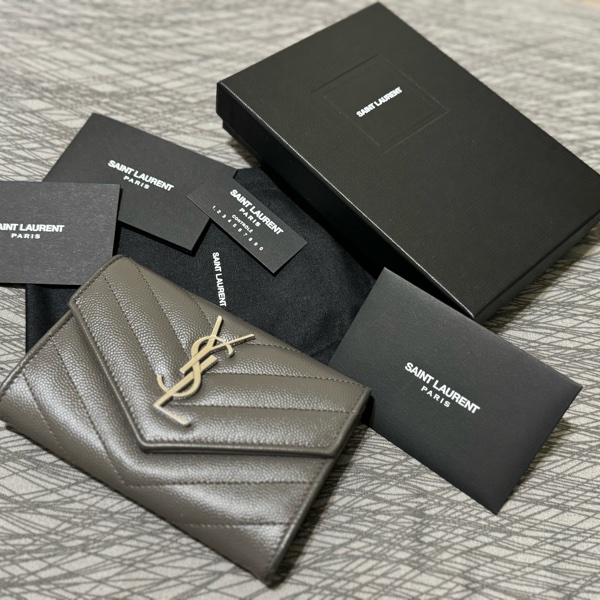 少見YSL深灰色銀扣中夾🩶配件齊S聖羅蘭卡夾零錢包/YSL短夾/YSL錢包/灰銀錢包/大象灰中夾/YSL中夾/深灰色荔枝皮中夾-23