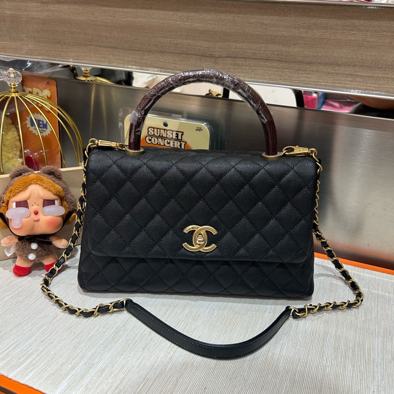 Chanel coco handle Medium 黑色荔枝牛皮金扣蜥蜴皮手柄-0