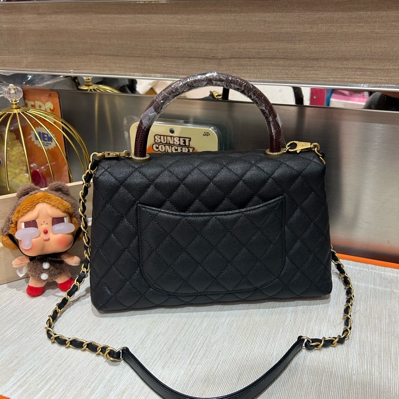 Chanel coco handle Medium 黑色荔枝牛皮金扣蜥蜴皮手柄-3