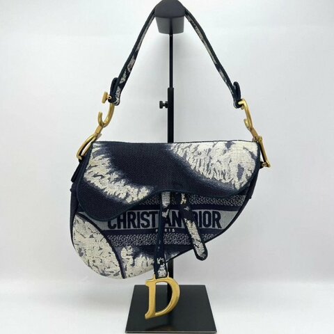 DIOR 藍色刺繡馬鞍中號肩背腋下包 25*20*6 98新配件塵袋