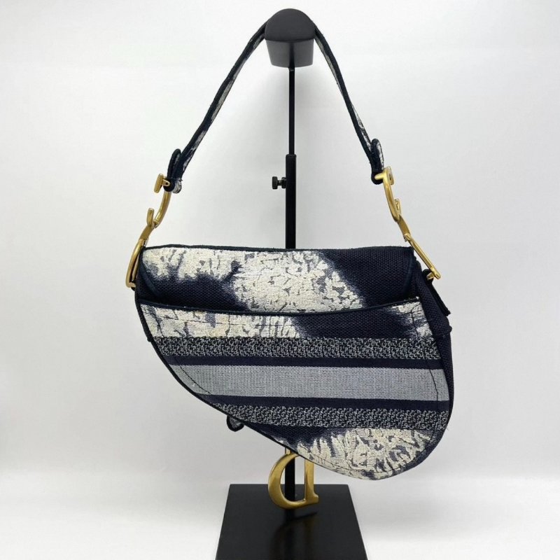 DIOR 藍色刺繡馬鞍中號肩背腋下包 25*20*6 98新配件塵袋-5