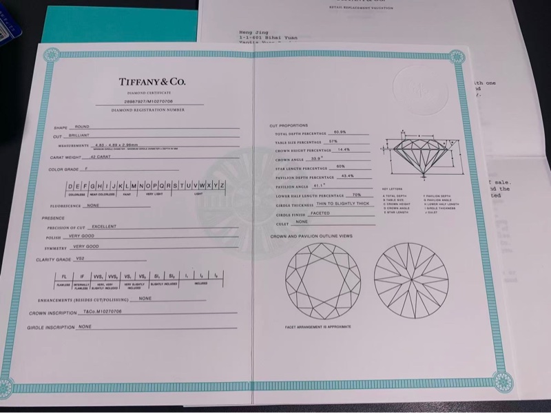 Tiffany Solitaire0.42克拉鑽石四爪耳釘 圓鑽白金耳釘，一對共0.84克拉，F色，vs1淨度-3