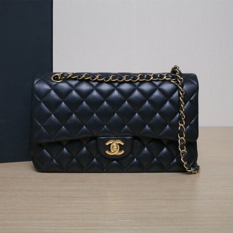 CHANEL CF口蓋包中號25.5黑色羊皮23開金扣菱格紋肩背包