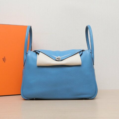 HERMES Lindy3475牛仔藍TC皮T刻銀扣肩背包