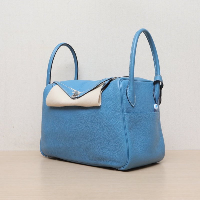 HERMES Lindy3475牛仔藍TC皮T刻銀扣肩背包-3