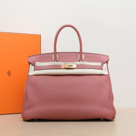 HERMES Birkin353L玫瑰茶色Togo皮框Q金扣肩背包