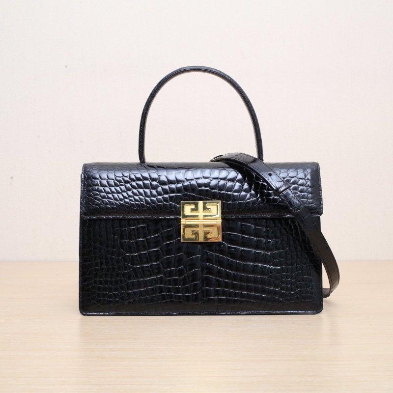 GIVENCHY 黑色鱷魚皮金扣手柄kelly中古鱷魚包單肩包肩背包-0