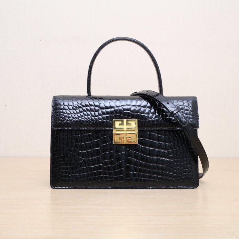 GIVENCHY 黑色鱷魚皮金扣手柄kelly中古鱷魚包單肩包肩背包-1
