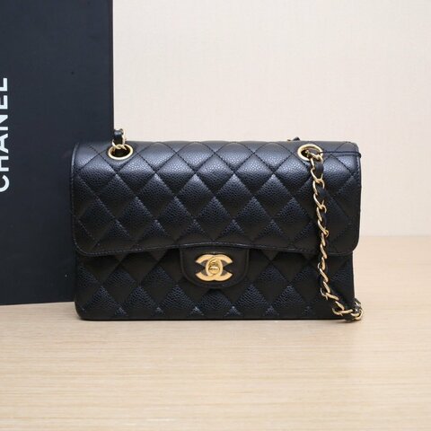 CHANEL CF口蓋包小號23黑色荔枝牛皮晶片開金扣菱格紋肩背包